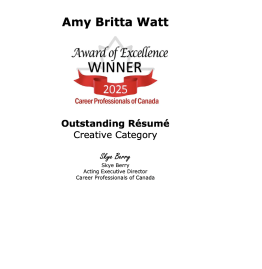 Career Professionals of Canada 2025 Award Winner - Best Creative Resume - Amy Britta Watt, Award-Winning Resume Writer at Career Marketing Centre