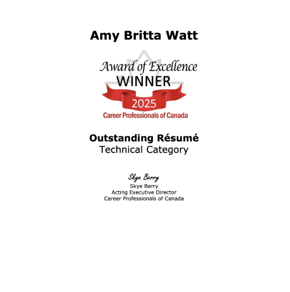 Career Professionals of Canada 2025 Award Winner - Best Technical Resume - Amy Britta Watt, Award-Winning Resume Writer at Career Marketing Centre