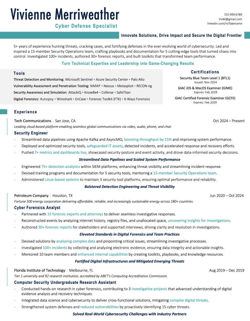 Professional Resume Sample for Cyber Defence Specialist and Security Engineer - Written by Award-Winning Resume Writer Amy Britta Watt at Career Marketing Centre