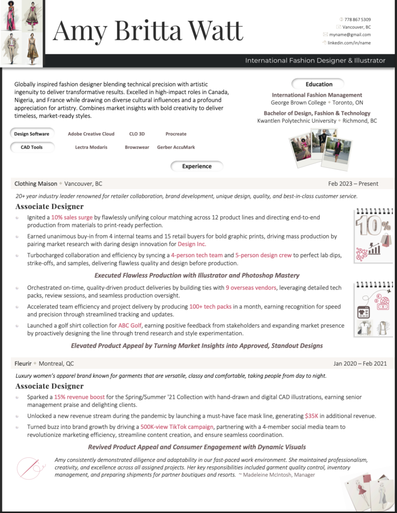 Professional Resume Sample for Fashion Designer - Written by Award-Winning Resume Writer Amy Britta Watt at Career Marketing Centre