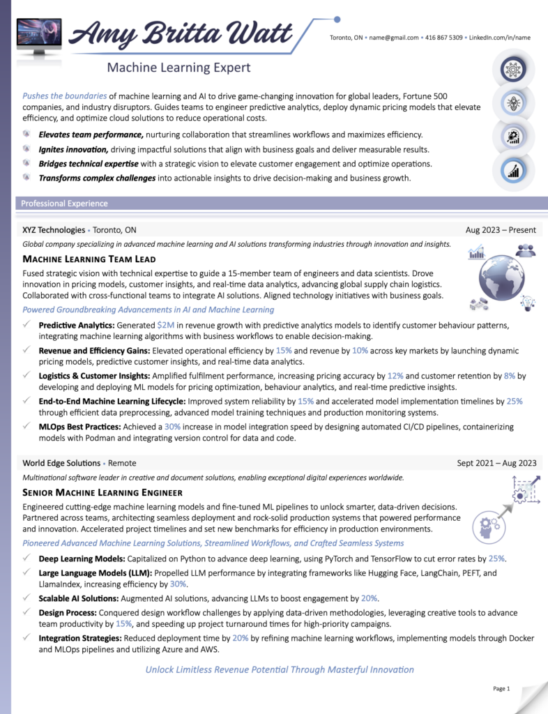 Professional Resume Sample for Machine Learning Expert - Written by Award-Winning Resume Writer Amy Britta Watt at Career Marketing Centre